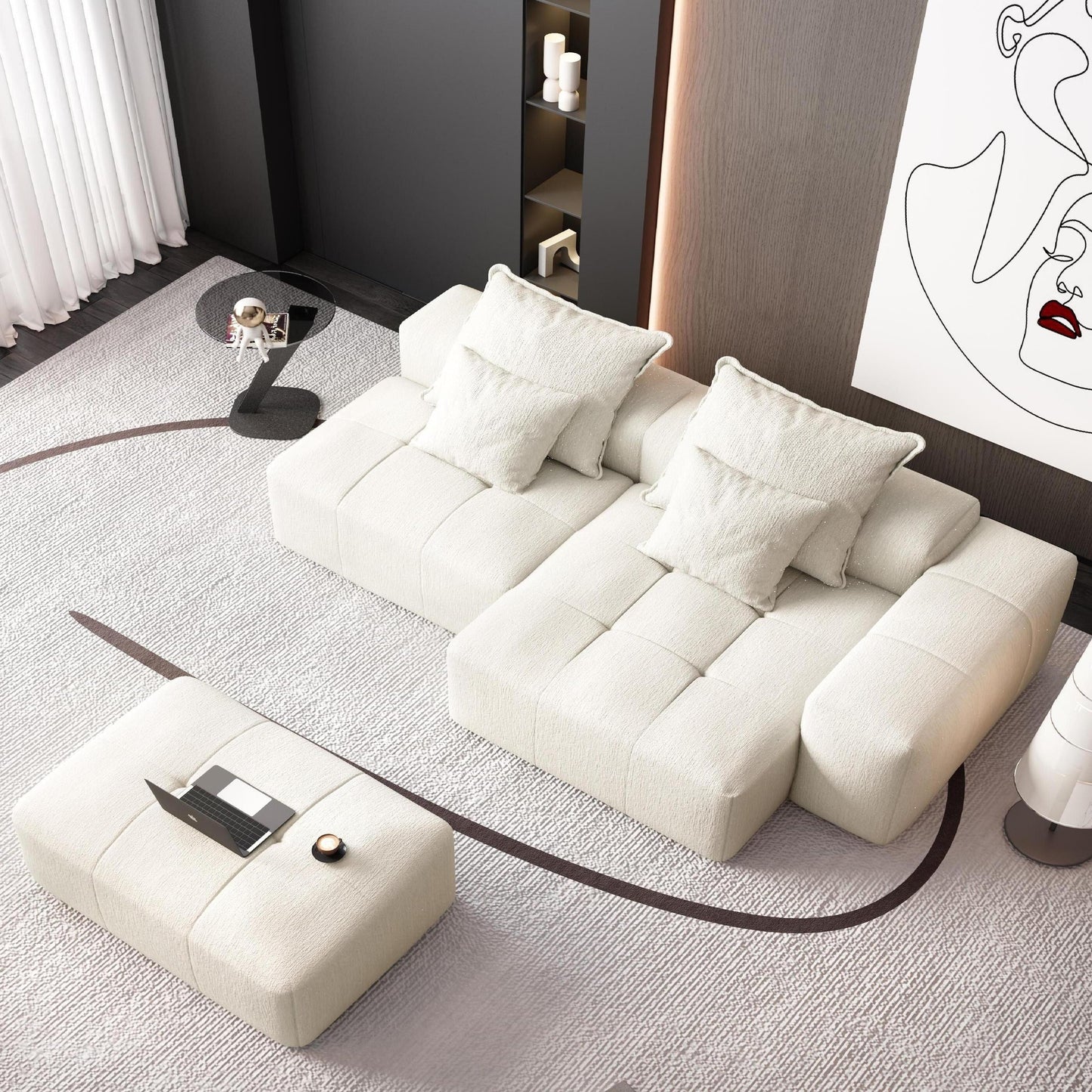 Divano componibile modulare oversize in ciniglia con pouf, chaise longue, 1 bracciolo e 4 cuscini per soggiorno