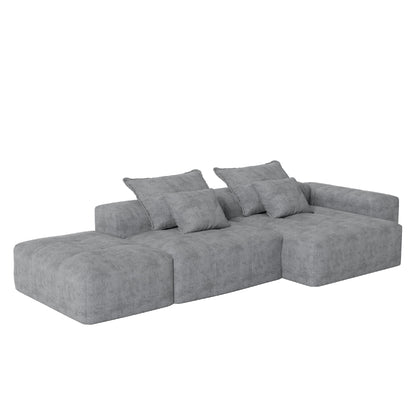 Divano componibile modulare oversize in ciniglia con pouf, chaise longue, 1 bracciolo e 4 cuscini per soggiorno