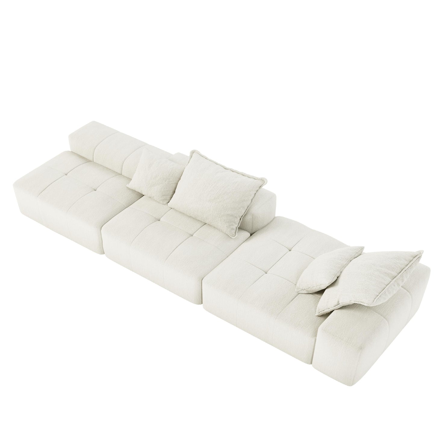 Divano componibile modulare oversize in ciniglia con pouf, chaise longue, 1 bracciolo e 4 cuscini per soggiorno