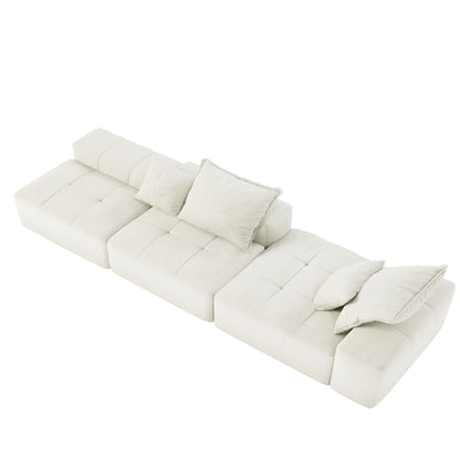 Divano componibile modulare oversize in ciniglia con pouf, chaise longue, 1 bracciolo e 4 cuscini per soggiorno