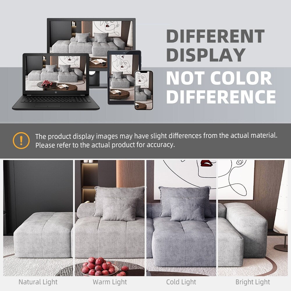 Divano componibile modulare oversize in ciniglia con pouf, chaise longue, 1 bracciolo e 4 cuscini per soggiorno