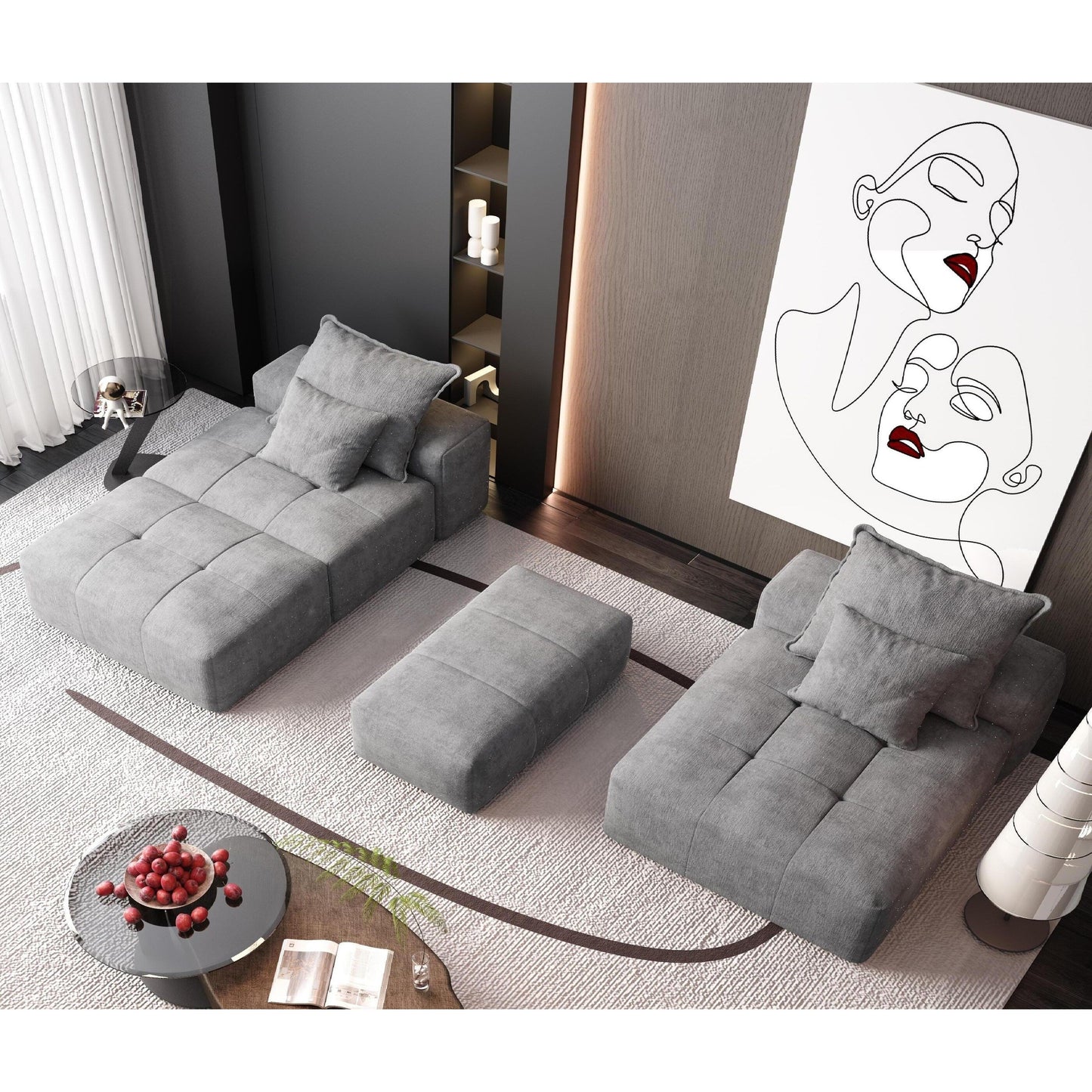 Divano componibile modulare oversize in ciniglia con pouf, chaise longue, 1 bracciolo e 4 cuscini per soggiorno