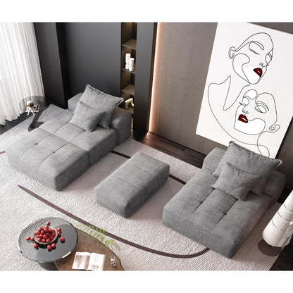 Divano componibile modulare oversize in ciniglia con pouf, chaise longue, 1 bracciolo e 4 cuscini per soggiorno