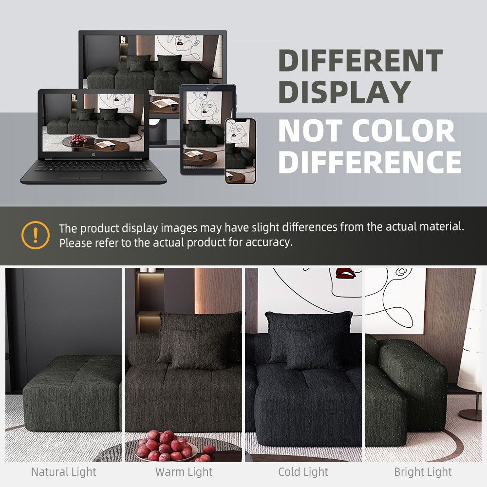 Divano componibile modulare oversize in ciniglia con pouf, chaise longue, 1 bracciolo e 4 cuscini per soggiorno