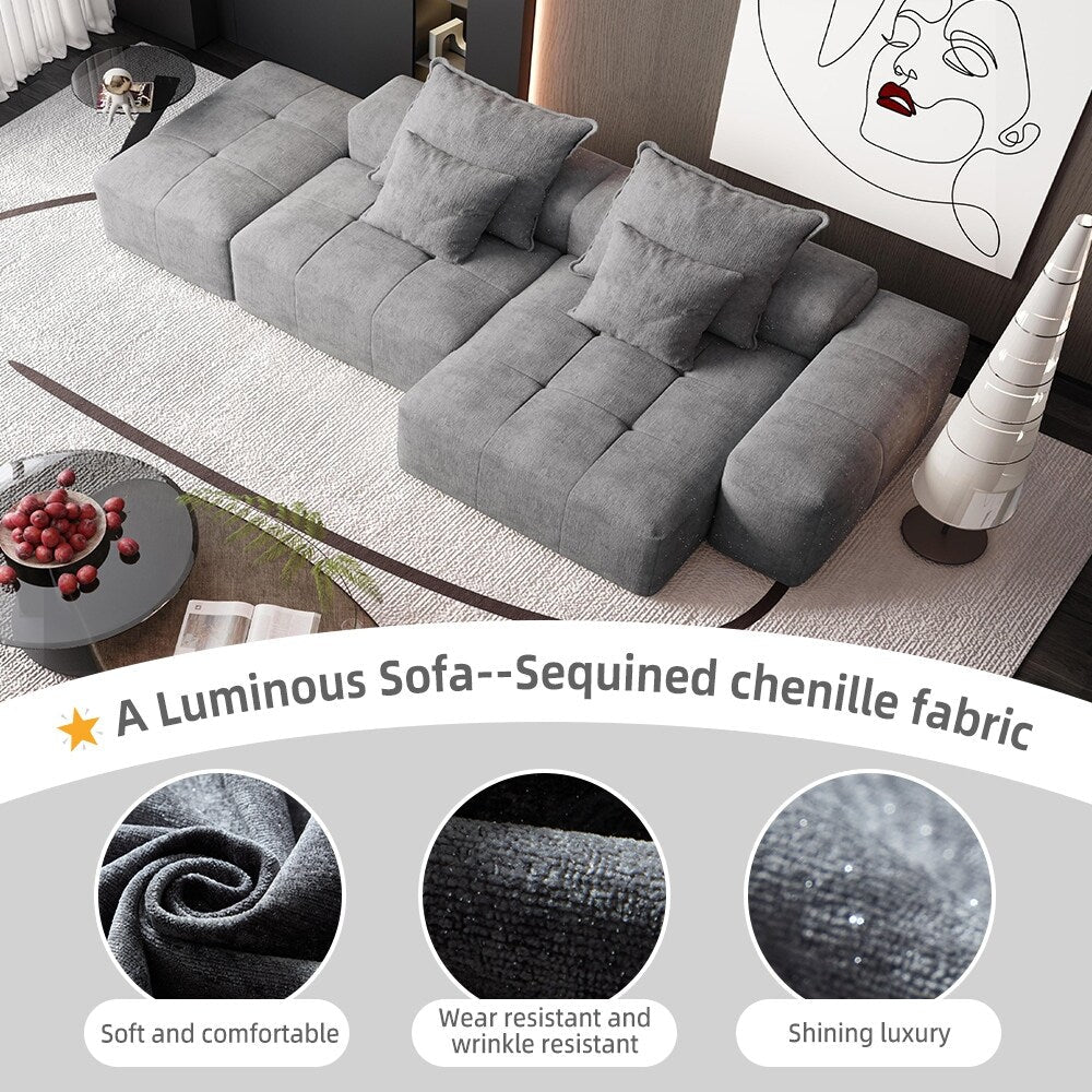 Divano componibile modulare oversize in ciniglia con pouf, chaise longue, 1 bracciolo e 4 cuscini per soggiorno