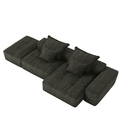 Divano componibile modulare oversize in ciniglia con pouf, chaise longue, 1 bracciolo e 4 cuscini per soggiorno
