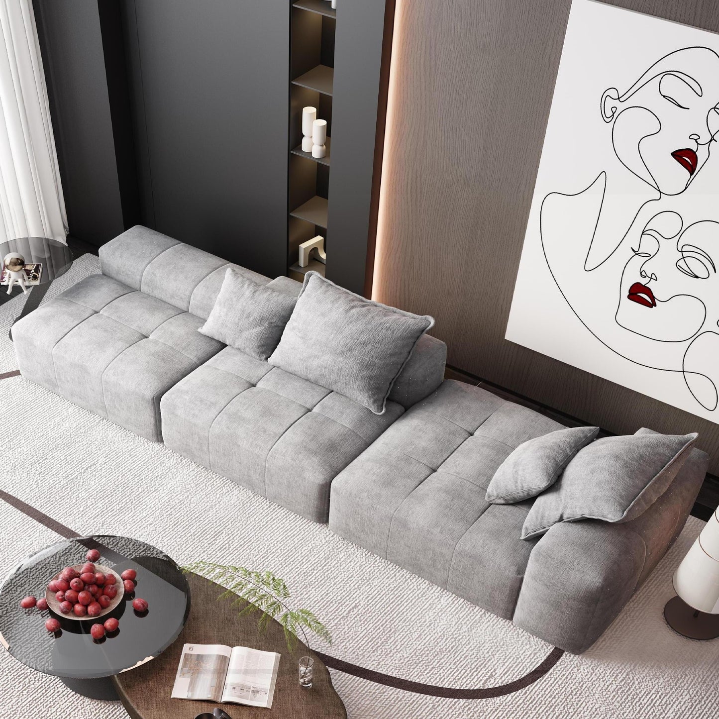 Divano componibile modulare oversize in ciniglia con pouf, chaise longue, 1 bracciolo e 4 cuscini per soggiorno