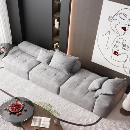 Divano componibile modulare oversize in ciniglia con pouf, chaise longue, 1 bracciolo e 4 cuscini per soggiorno