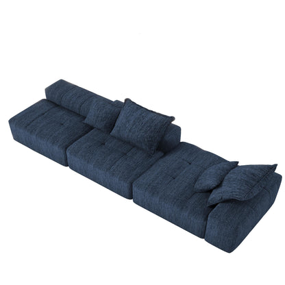 Divano componibile modulare oversize in ciniglia con pouf, chaise longue, 1 bracciolo e 4 cuscini per soggiorno