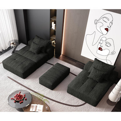 Divano componibile modulare oversize in ciniglia con pouf, chaise longue, 1 bracciolo e 4 cuscini per soggiorno