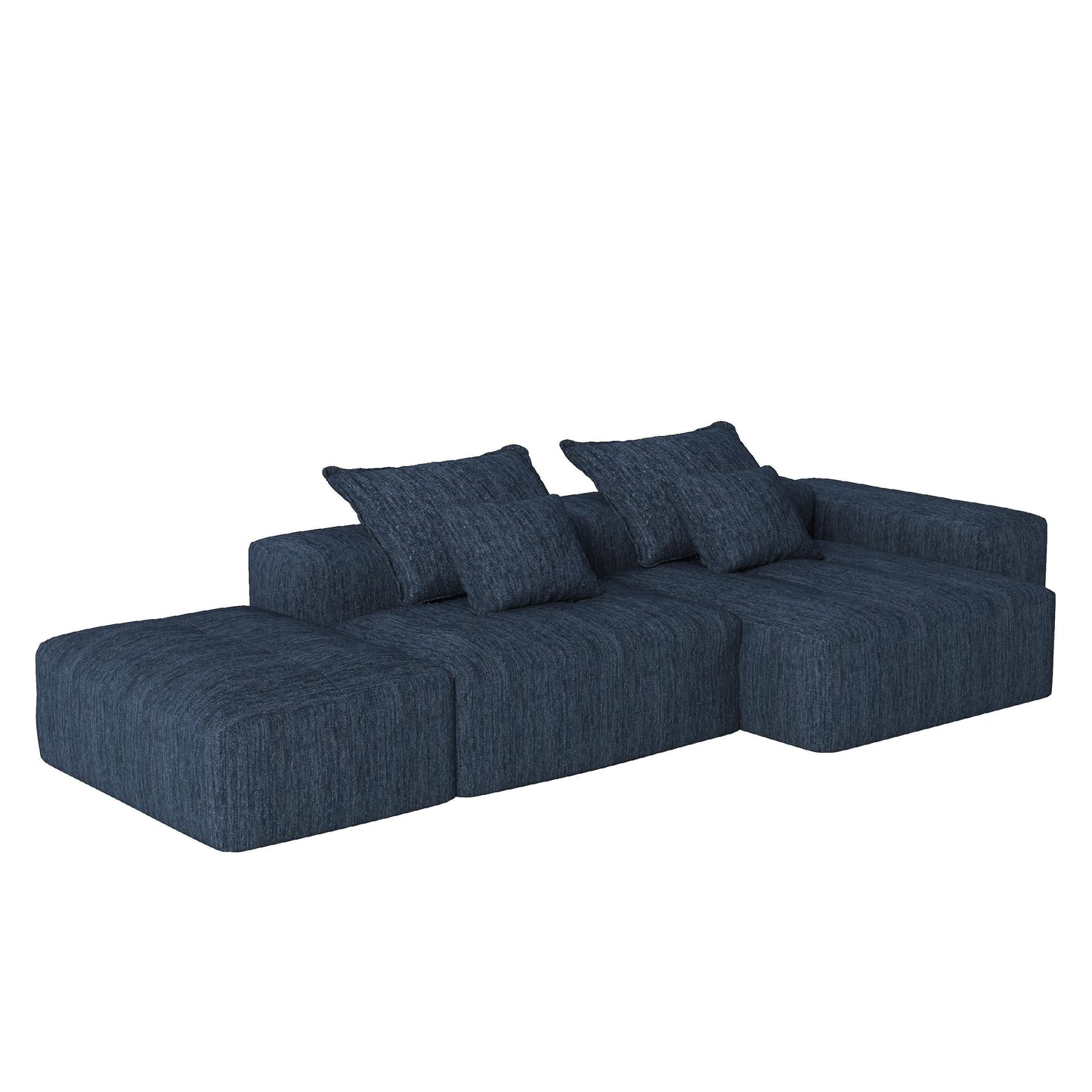 Divano componibile modulare oversize in ciniglia con pouf, chaise longue, 1 bracciolo e 4 cuscini per soggiorno