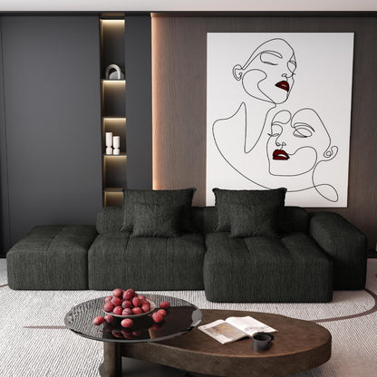 Divano componibile modulare oversize in ciniglia con pouf, chaise longue, 1 bracciolo e 4 cuscini per soggiorno