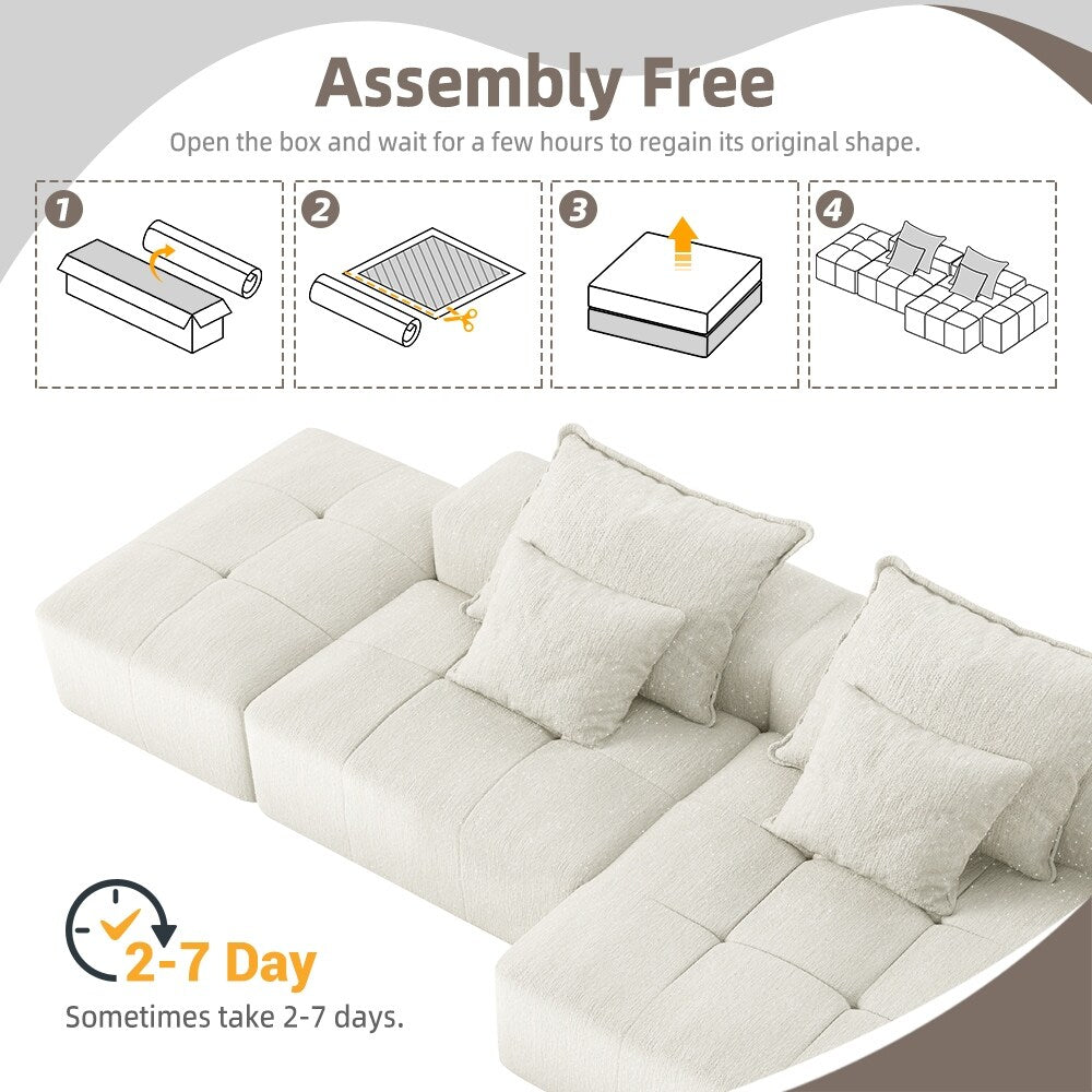 Divano componibile modulare oversize in ciniglia con pouf, chaise longue, 1 bracciolo e 4 cuscini per soggiorno