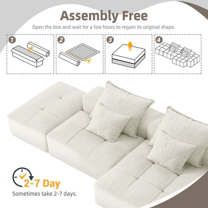 Divano componibile modulare oversize in ciniglia con pouf, chaise longue, 1 bracciolo e 4 cuscini per soggiorno