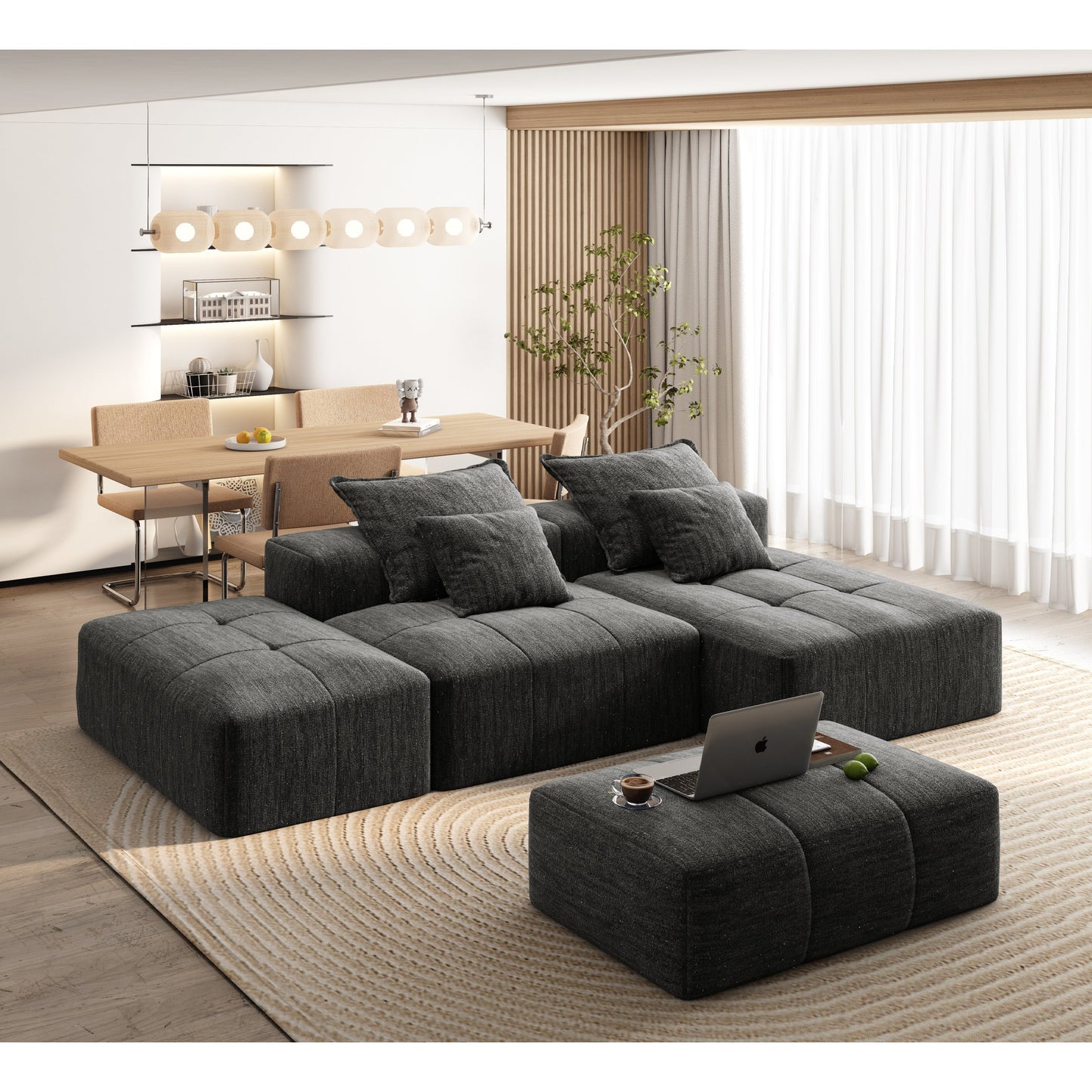 Divano componibile modulare oversize in ciniglia con pouf, chaise longue, 1 bracciolo e 4 cuscini per soggiorno