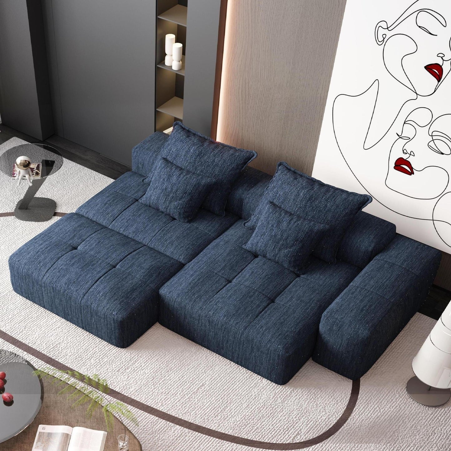 Divano componibile modulare oversize in ciniglia con pouf, chaise longue, 1 bracciolo e 4 cuscini per soggiorno