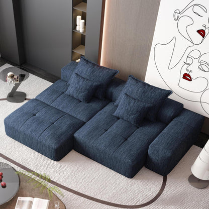 Divano componibile modulare oversize in ciniglia con pouf, chaise longue, 1 bracciolo e 4 cuscini per soggiorno