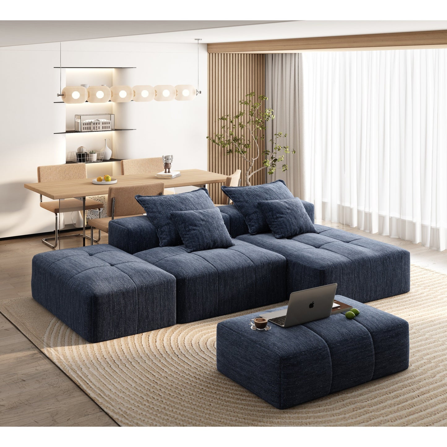 Divano componibile modulare oversize in ciniglia con pouf, chaise longue, 1 bracciolo e 4 cuscini per soggiorno