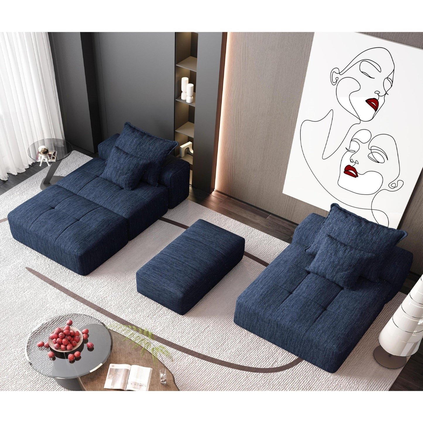 Divano componibile modulare oversize in ciniglia con pouf, chaise longue, 1 bracciolo e 4 cuscini per soggiorno