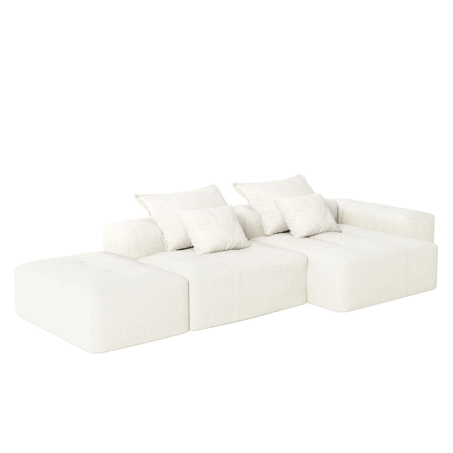 Divano componibile modulare oversize in ciniglia con pouf, chaise longue, 1 bracciolo e 4 cuscini per soggiorno