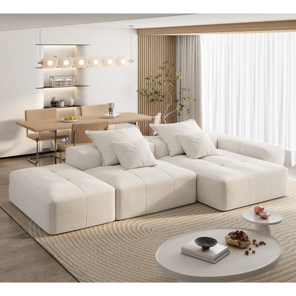 Divano componibile modulare oversize in ciniglia con pouf, chaise longue, 1 bracciolo e 4 cuscini per soggiorno