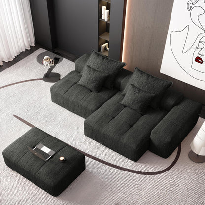 Divano componibile modulare oversize in ciniglia con pouf, chaise longue, 1 bracciolo e 4 cuscini per soggiorno