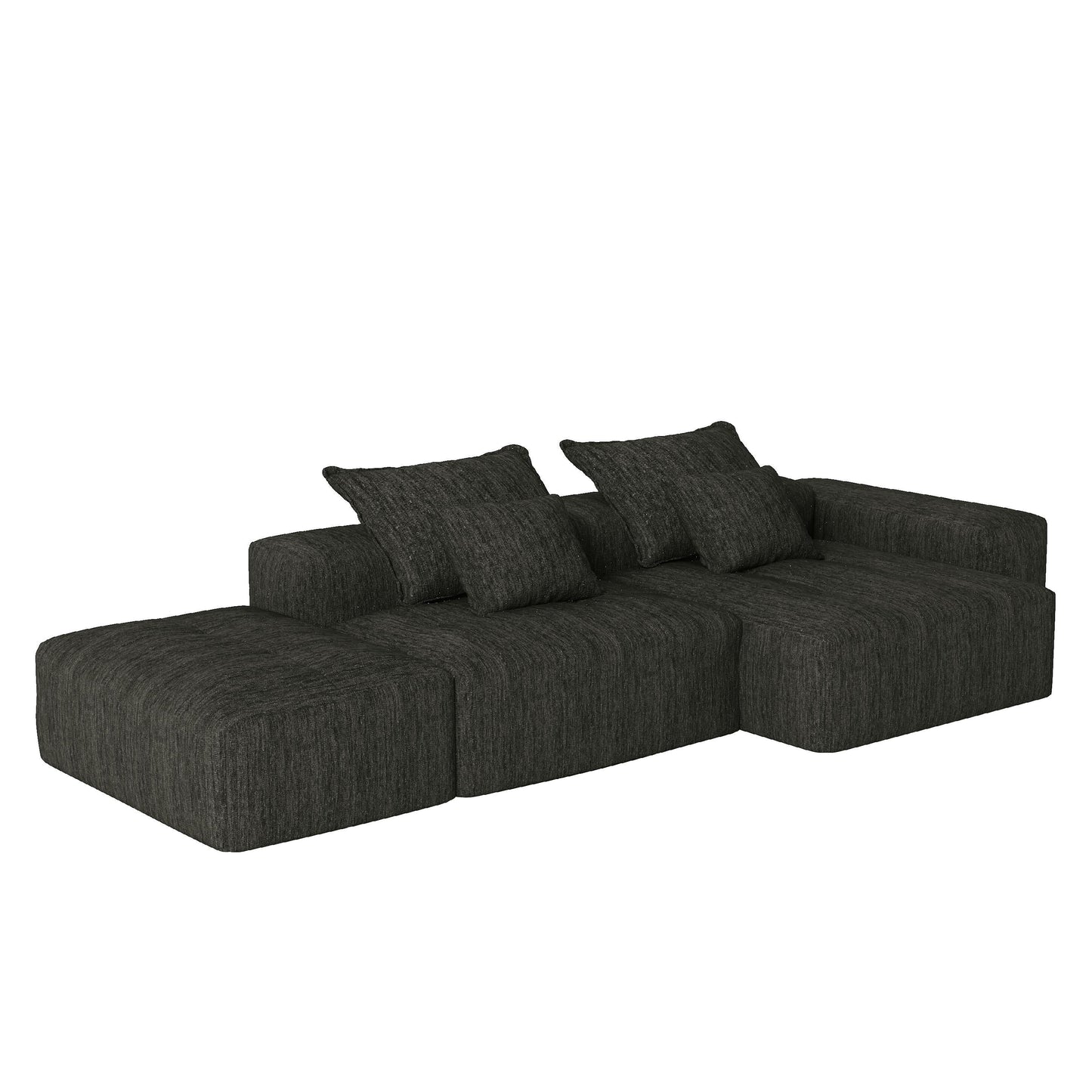 Divano componibile modulare oversize in ciniglia con pouf, chaise longue, 1 bracciolo e 4 cuscini per soggiorno
