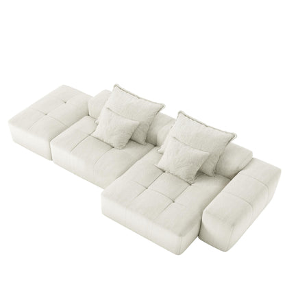Divano componibile modulare oversize in ciniglia con pouf, chaise longue, 1 bracciolo e 4 cuscini per soggiorno