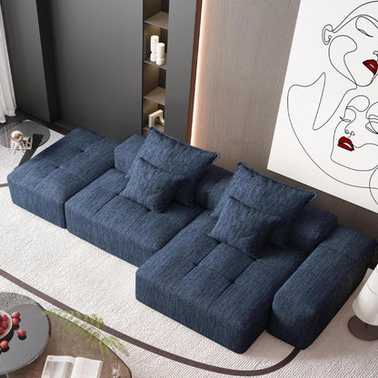 Divano componibile modulare oversize in ciniglia con pouf, chaise longue, 1 bracciolo e 4 cuscini per soggiorno