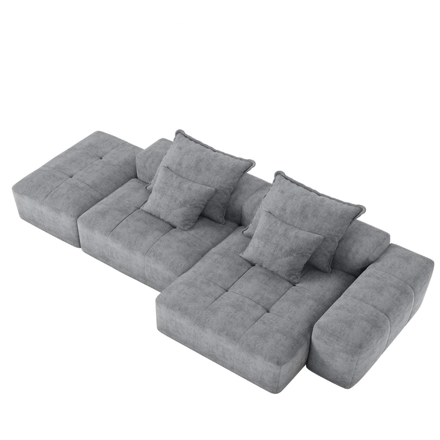 Divano componibile modulare oversize in ciniglia con pouf, chaise longue, 1 bracciolo e 4 cuscini per soggiorno