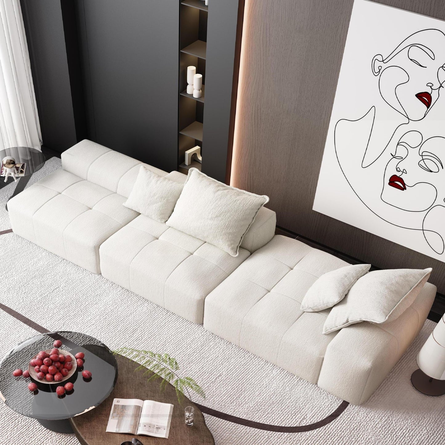 Divano componibile modulare oversize in ciniglia con pouf, chaise longue, 1 bracciolo e 4 cuscini per soggiorno