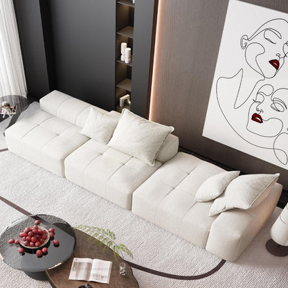 Divano componibile modulare oversize in ciniglia con pouf, chaise longue, 1 bracciolo e 4 cuscini per soggiorno