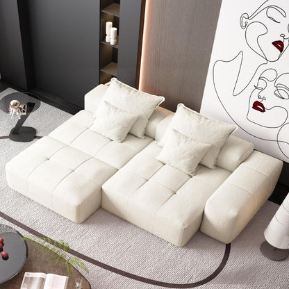 Divano componibile modulare oversize in ciniglia con pouf, chaise longue, 1 bracciolo e 4 cuscini per soggiorno