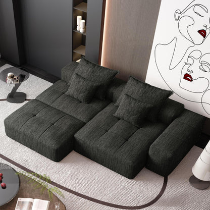 Divano componibile modulare oversize in ciniglia con pouf, chaise longue, 1 bracciolo e 4 cuscini per soggiorno