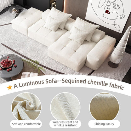 Divano componibile modulare oversize in ciniglia con pouf, chaise longue, 1 bracciolo e 4 cuscini per soggiorno