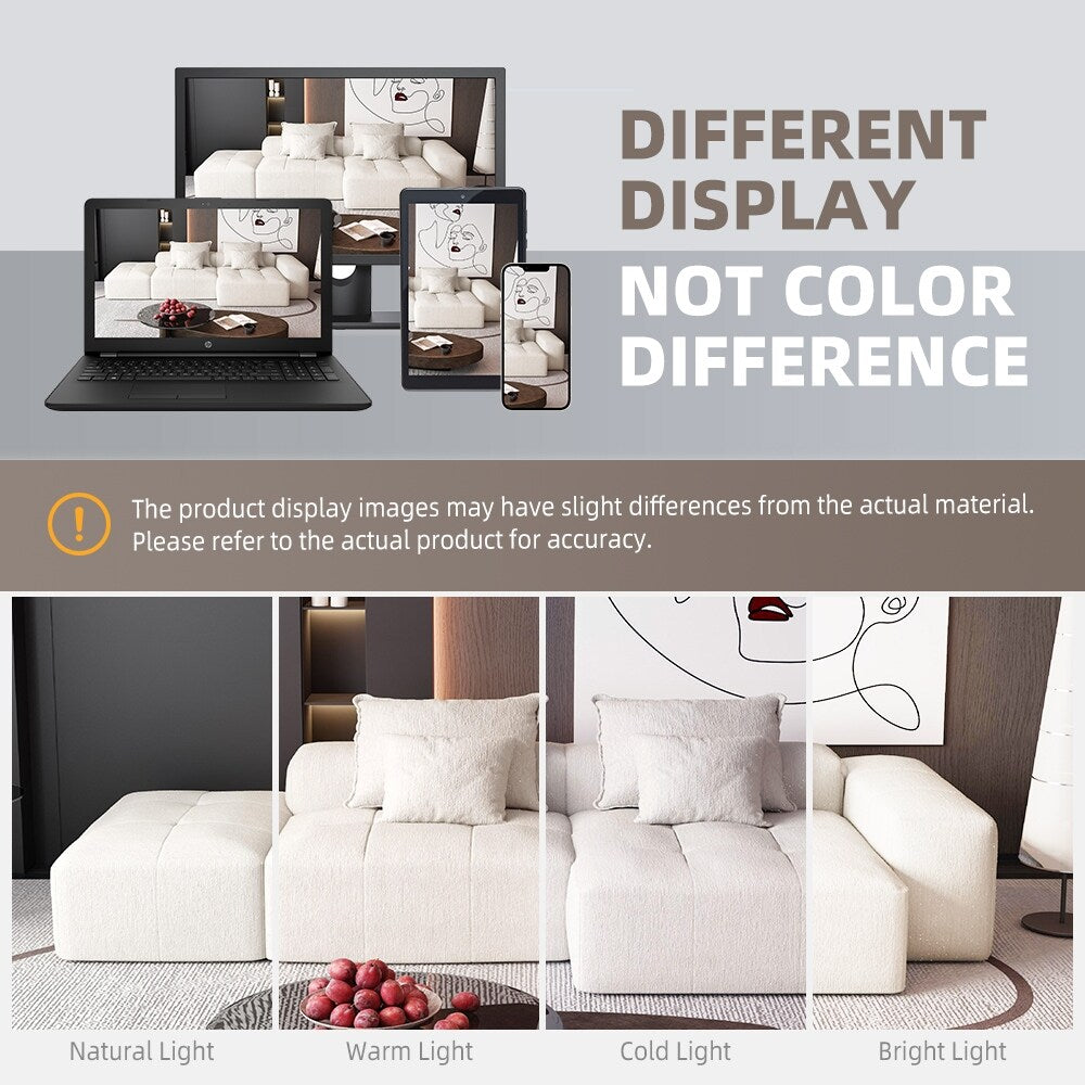 Divano componibile modulare oversize in ciniglia con pouf, chaise longue, 1 bracciolo e 4 cuscini per soggiorno