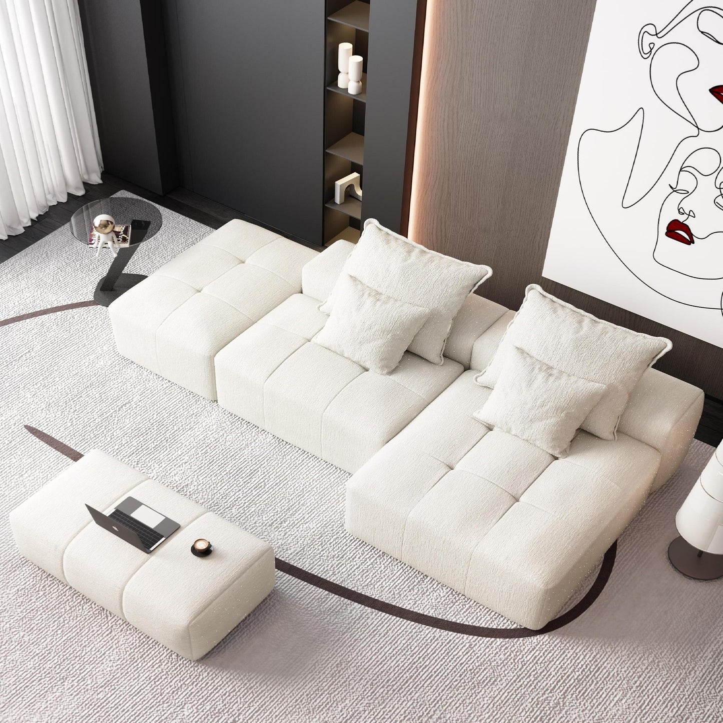 Divano componibile modulare oversize in ciniglia con pouf, chaise longue, 1 bracciolo e 4 cuscini per soggiorno