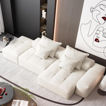 Divano componibile modulare oversize in ciniglia con pouf, chaise longue, 1 bracciolo e 4 cuscini per soggiorno