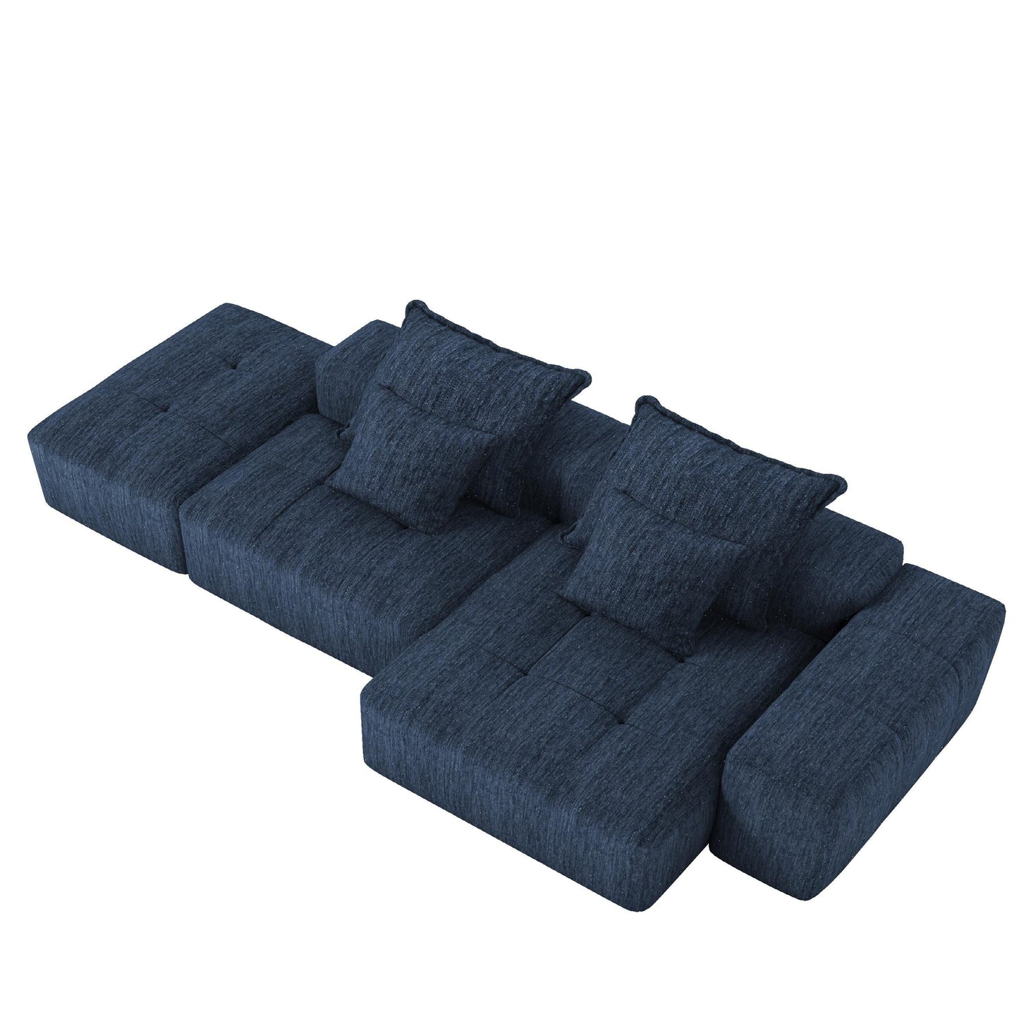 Divano componibile modulare oversize in ciniglia con pouf, chaise longue, 1 bracciolo e 4 cuscini per soggiorno