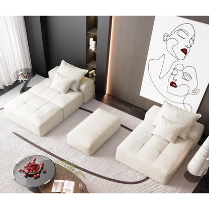 Divano componibile modulare oversize in ciniglia con pouf, chaise longue, 1 bracciolo e 4 cuscini per soggiorno