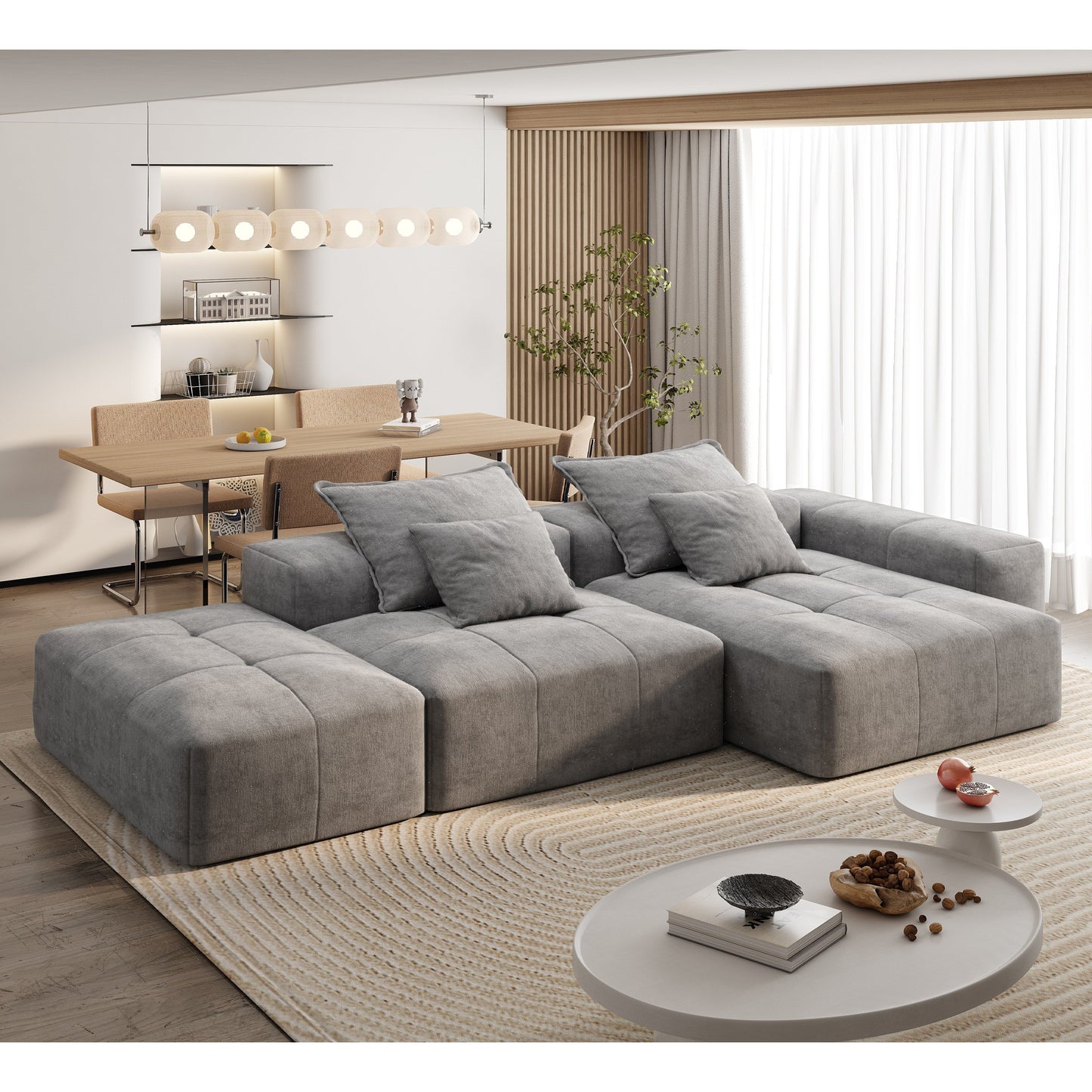 Divano componibile modulare oversize in ciniglia con pouf, chaise longue, 1 bracciolo e 4 cuscini per soggiorno