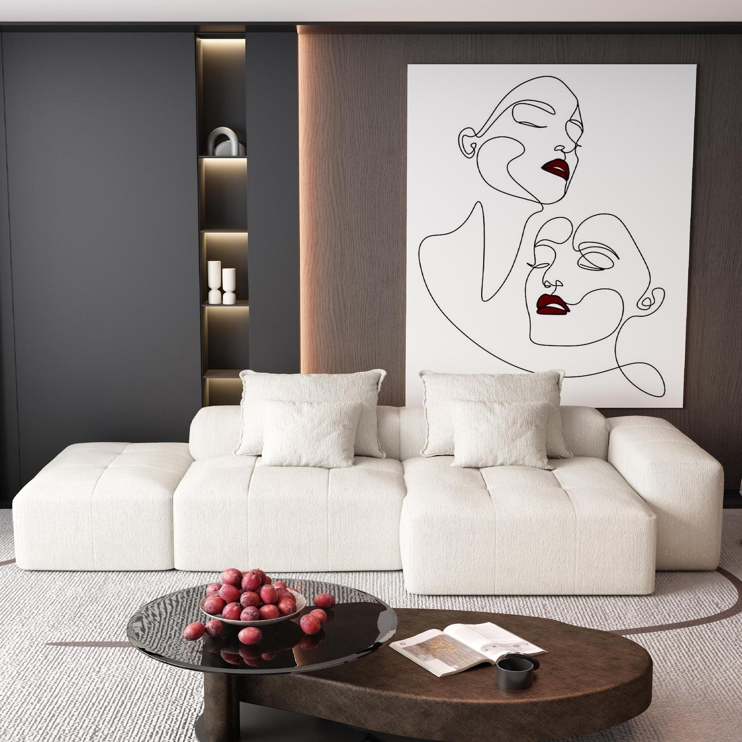 Divano componibile modulare oversize in ciniglia con pouf, chaise longue, 1 bracciolo e 4 cuscini per soggiorno