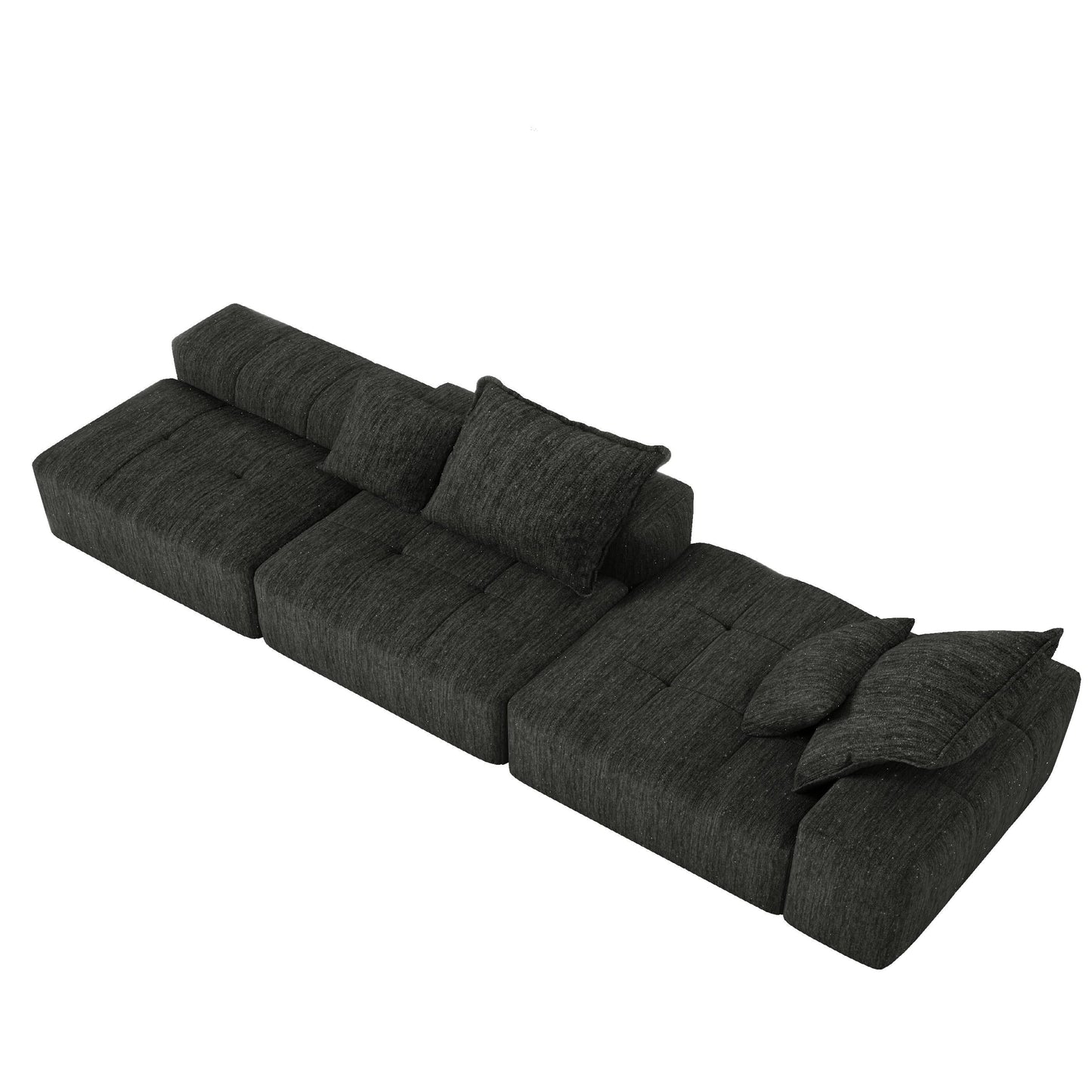 Divano componibile modulare oversize in ciniglia con pouf, chaise longue, 1 bracciolo e 4 cuscini per soggiorno