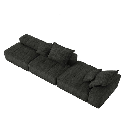 Divano componibile modulare oversize in ciniglia con pouf, chaise longue, 1 bracciolo e 4 cuscini per soggiorno