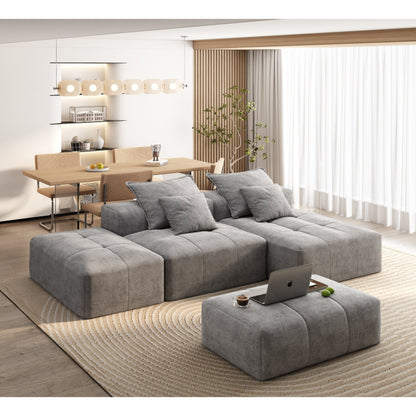 Divano componibile modulare oversize in ciniglia con pouf, chaise longue, 1 bracciolo e 4 cuscini per soggiorno