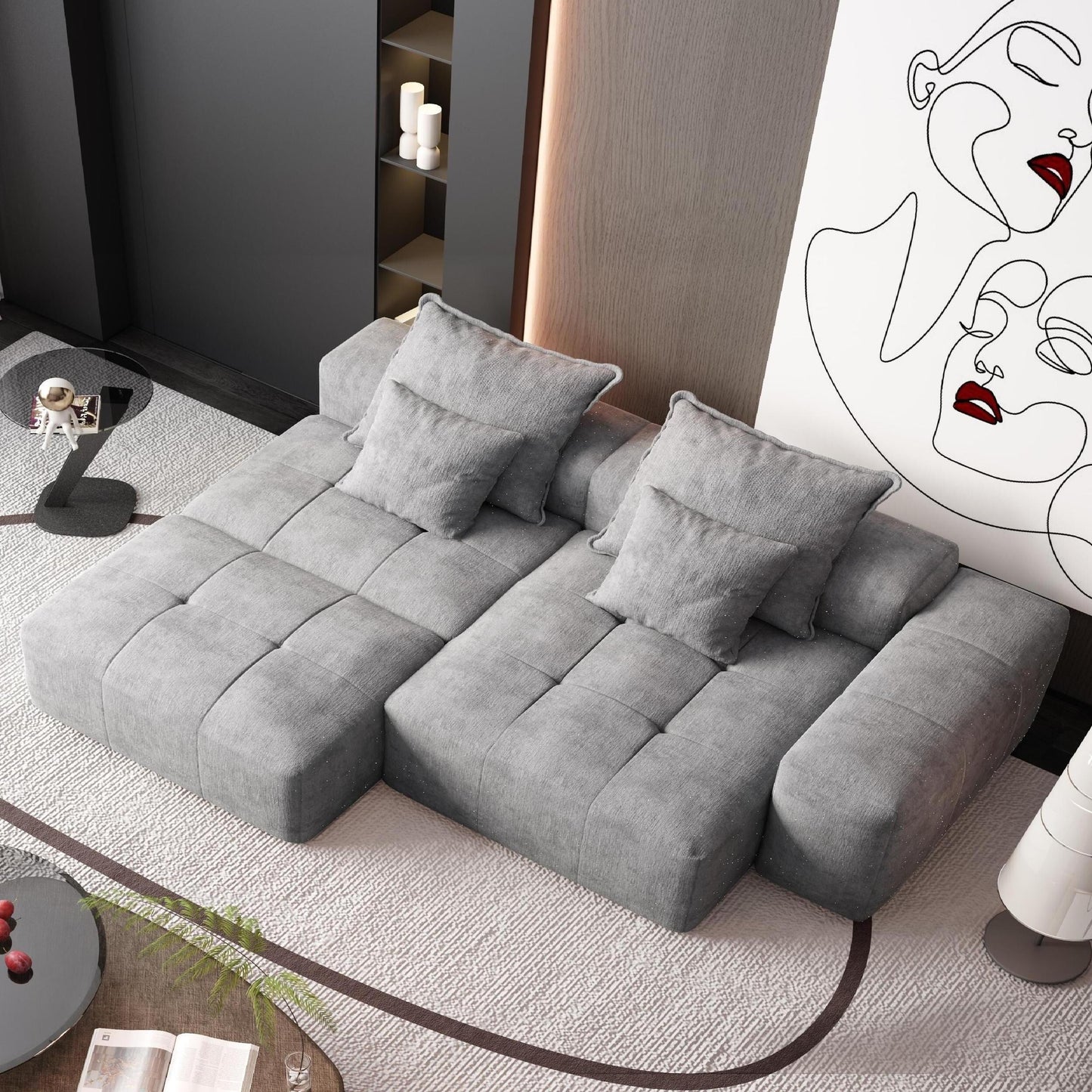 Divano componibile modulare oversize in ciniglia con pouf, chaise longue, 1 bracciolo e 4 cuscini per soggiorno