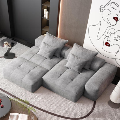 Divano componibile modulare oversize in ciniglia con pouf, chaise longue, 1 bracciolo e 4 cuscini per soggiorno