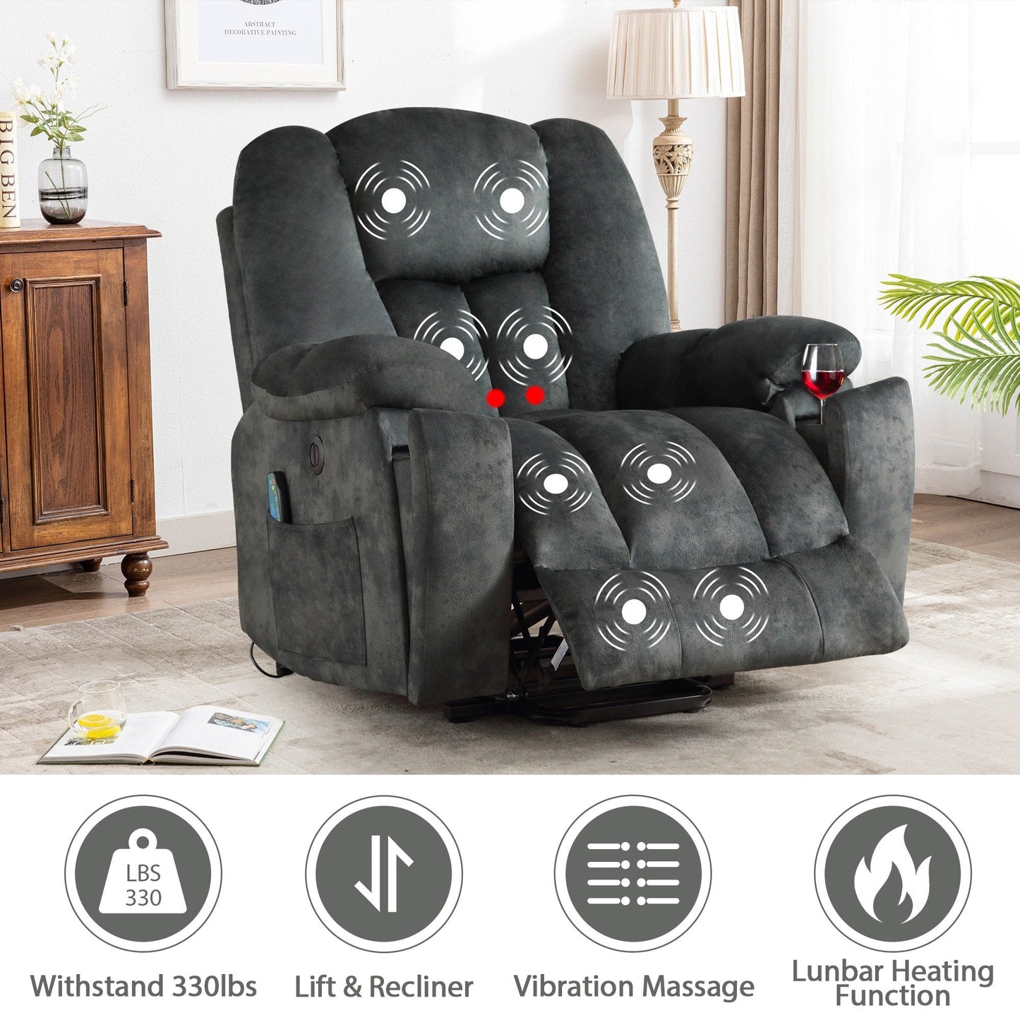 Poltrona reclinabile con sollevamento elettrico di grandi dimensioni, massaggio e riscaldamento con 2 portabicchieri nascosti per anziani