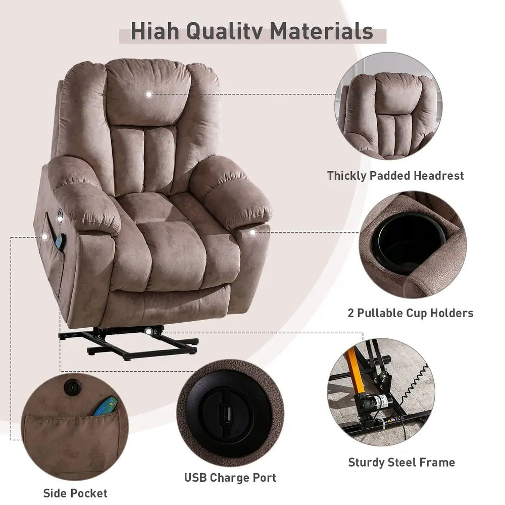 Poltrona reclinabile con sollevamento elettrico di grandi dimensioni, massaggio e riscaldamento con 2 portabicchieri nascosti per anziani