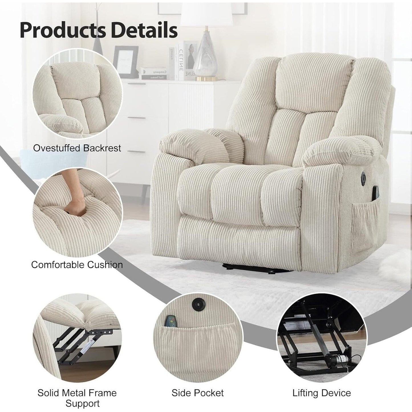 Poltrona reclinabile con sollevamento elettrico di grandi dimensioni, massaggio e riscaldamento con 2 portabicchieri nascosti per anziani